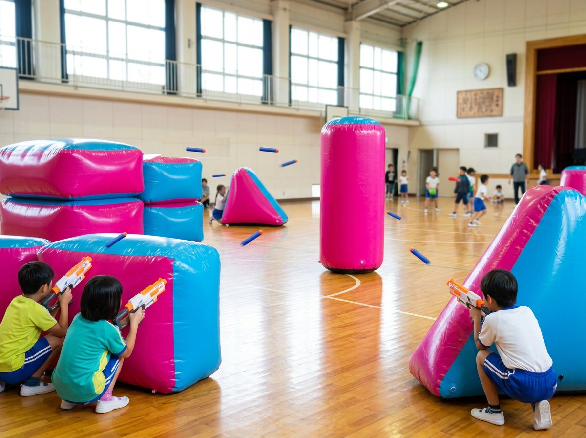 体育館でピンクとブルーのエアバンカーに隠れながらナーフで遊ぶ子どもたちのイメージ