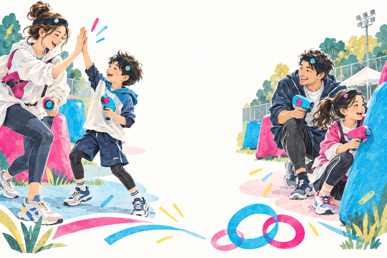 親子が光のチーム対戦を楽しみ、ハイタッチする様子を描いたイラスト