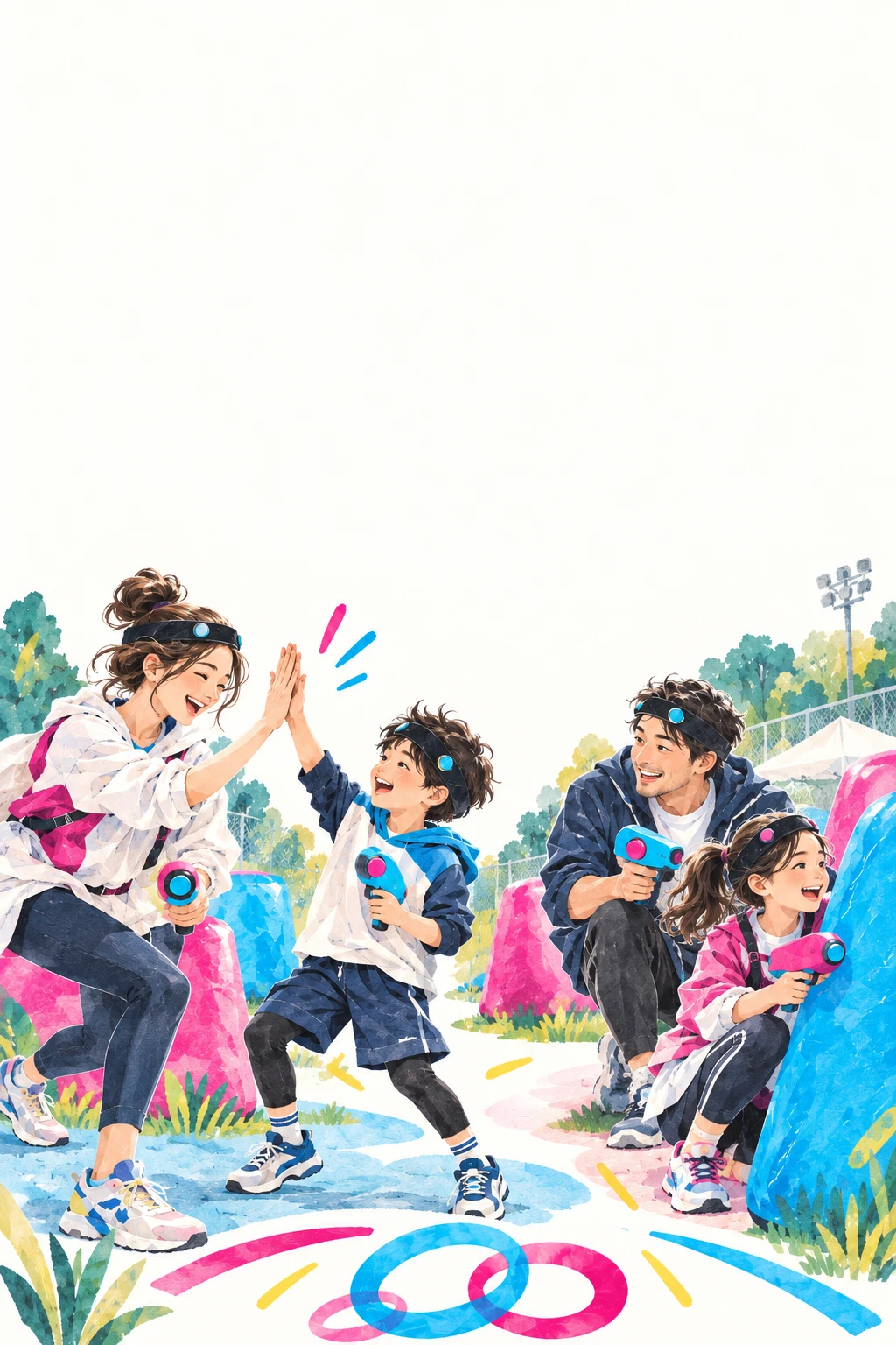 親子が一緒に光のチーム対戦を楽しむイラスト